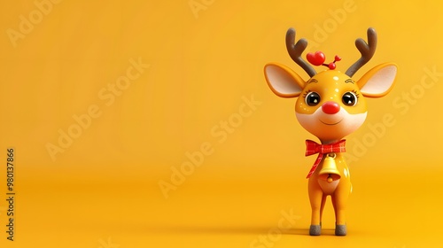 Cute Christmas Bell and Reindeer with Free Copy Space on Bright Yellow Background