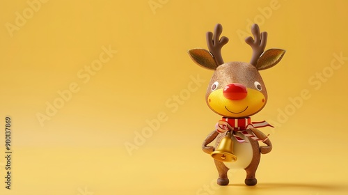 Cute Christmas Bell and Reindeer with Free Copy Space on Bright Yellow Background