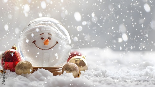 Smiling Snow Globe and Ornaments with Free Copy Space on Snowy White Background