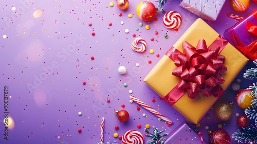 Cute Christmas Present and Candy with Free Copy Space on Festive Purple Background