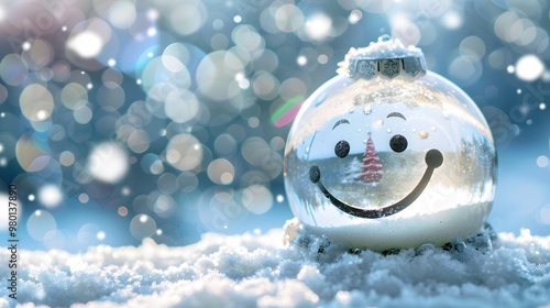 Smiling Snow Globe and Ornaments with Free Copy Space on Snowy White Background