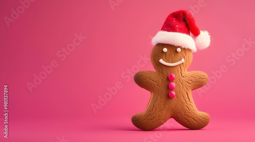 Smiling Gingerbread Man and Santa Hat with Free Copy Space on Bright Pink Background