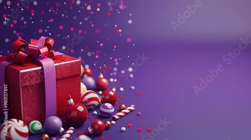 Cute Christmas Present and Candy with Free Copy Space on Festive Purple Background