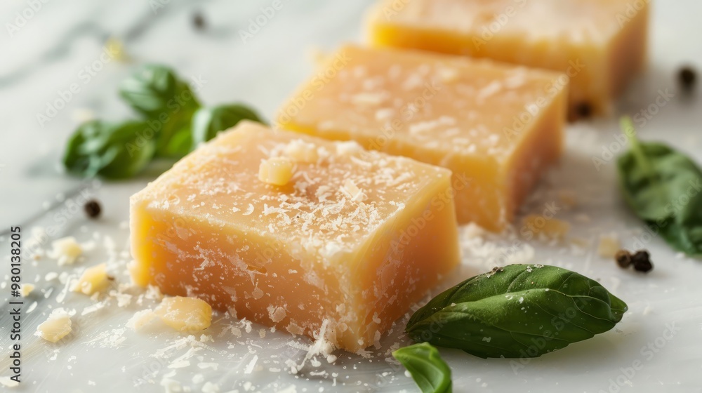 Close-up of squares of hard cheese on leaves. Close-up of squares of hard cheese on leaves.