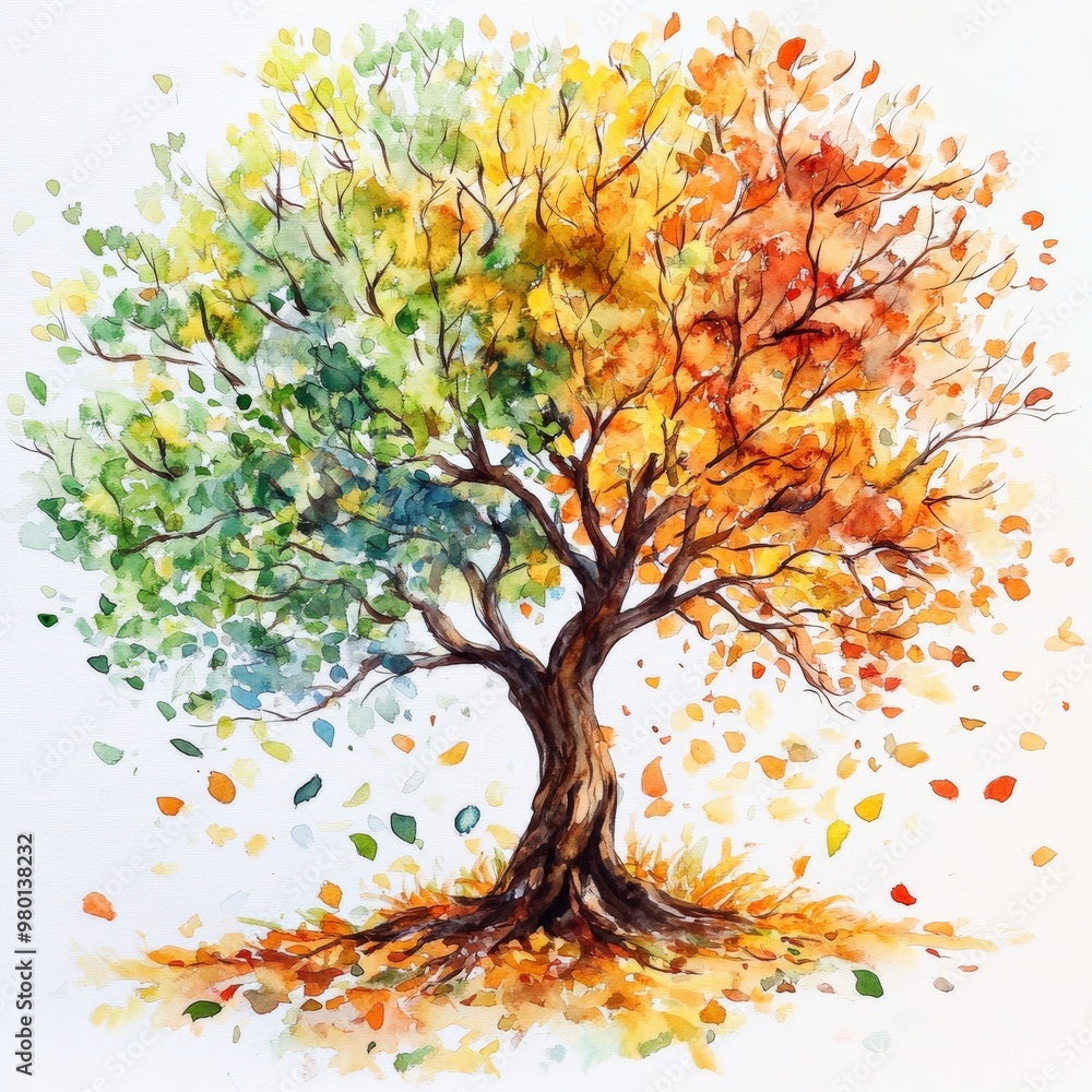 Fototapeta premium Watercolor Tree Showing Four Seasons in One Illustration