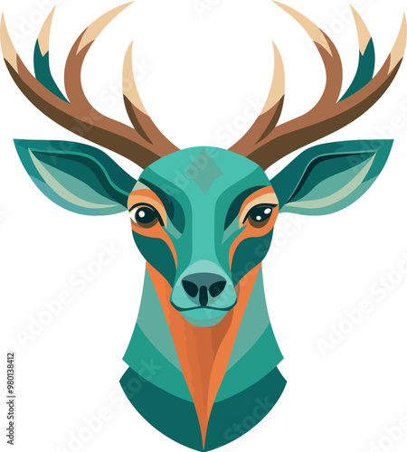 A flat forest vintage color deer head with horns and antlers on white background