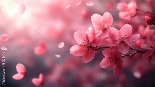 A close-up view of delicate pink cherry blossoms in bloom.