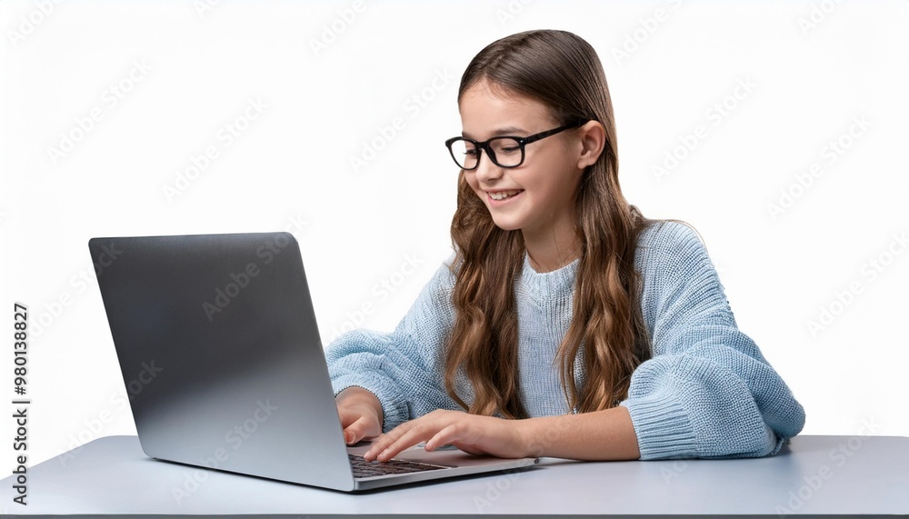 Teenage Girl Learning Coding on a Laptop Isolated on White Background, Clipping Path, Full Depth of Field Teenage Girl Learning Coding on a Laptop Isolated on White Background, Clipping Path, Full Depth of Field