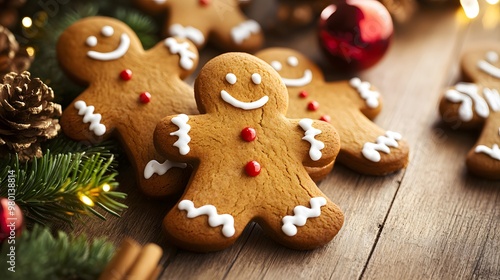 Delicious gingerbread man cookies on a rustic wooden table with warm lighting, surrounded by festive holiday decorations, creating a cozy and joyful atmosphere during the holiday season