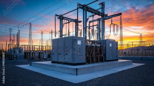 Electric substation at sunset, featuring high voltage equipment, transformers, and power lines against a colorful sky. photo