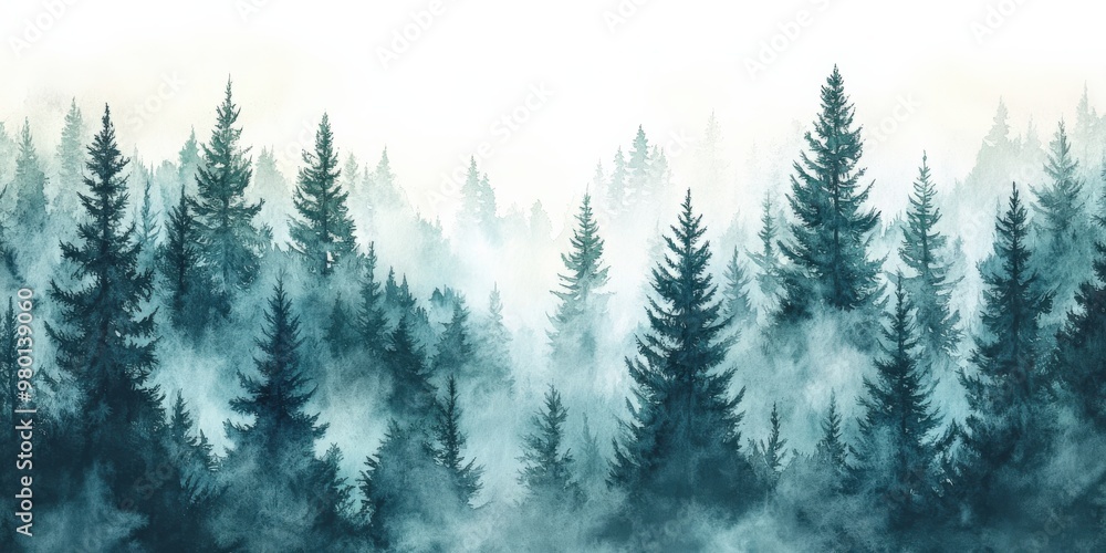 Obraz premium Misty Spruce Forest with Tall Trees Disappearing into Fog