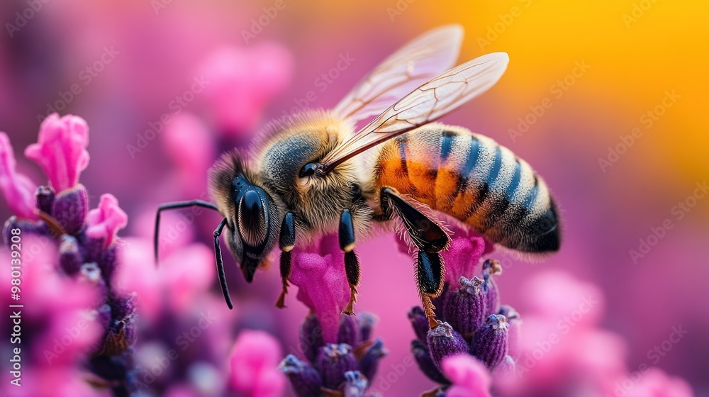 Close-up of a bee pollinating vibrant purple flowers. Close-up of a bee pollinating vibrant purple flowers.