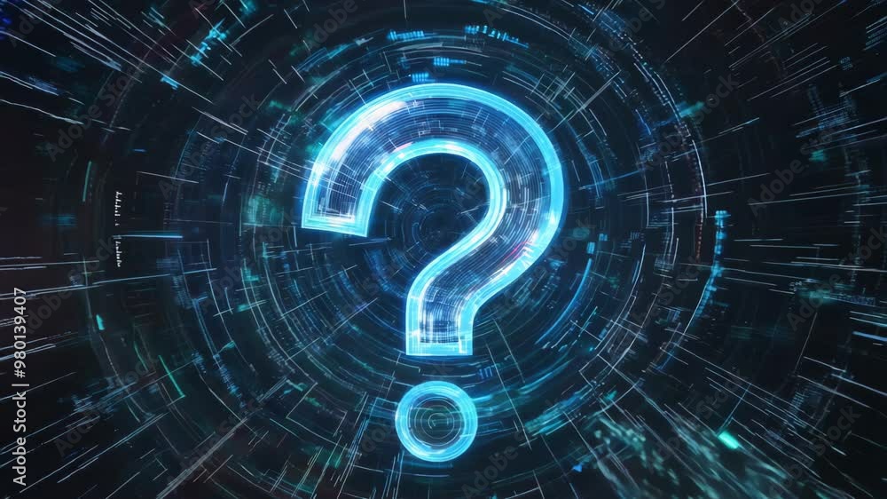 Futuristic Glowing Question Mark with Neon Lights and Digital Effects Futuristic Glowing Question Mark with Neon Lights and Digital Effects
