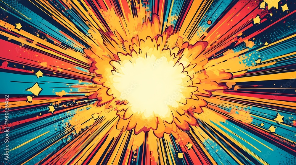Fototapeta premium Abstract Comic Book Explosion with Radial Lines and Stars