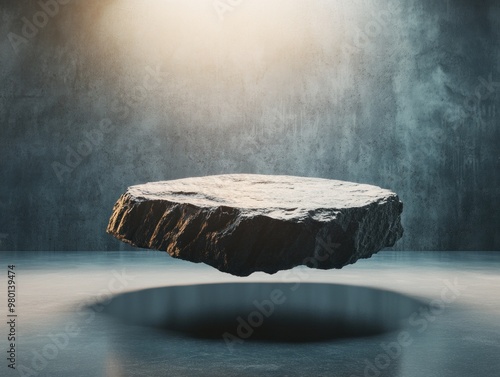 Photorealistic Electromagnetic Podium Suspended in Mid-Air Above Volcanic Stone, Showcased in an Advanced Technology Display Room with Intricate Reflections and Shadows photo