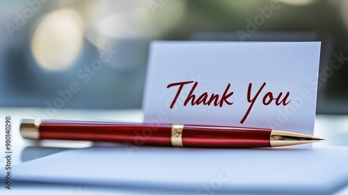 A red pen lies next to a white card with the words 