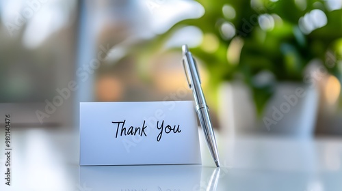 A simple thank you note with a pen on a white table, with blurred greenery and window in the background.