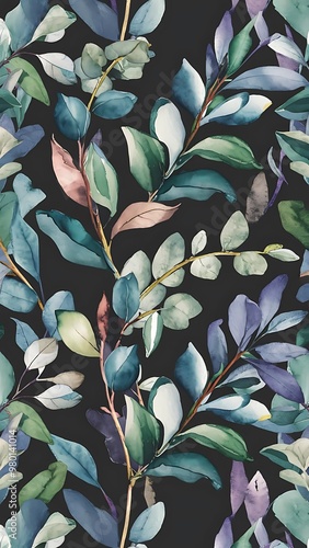 Watercolor eucalyptus branches and leaves seamless pattern, hand painted on a dark background