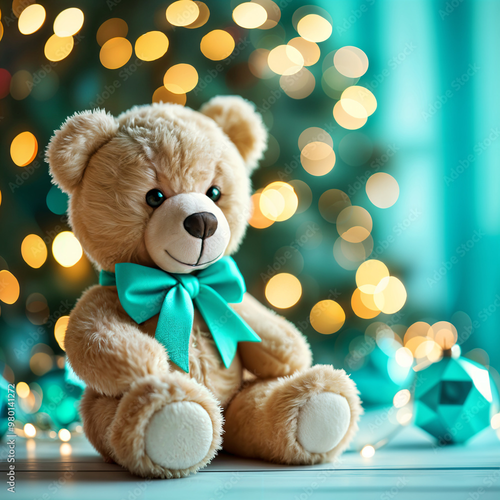 A brown teddy bear with a blue bow sits on a table, surrounded by Christmas lights and ornaments. A brown teddy bear with a blue bow sits on a table, surrounded by Christmas lights and ornaments.