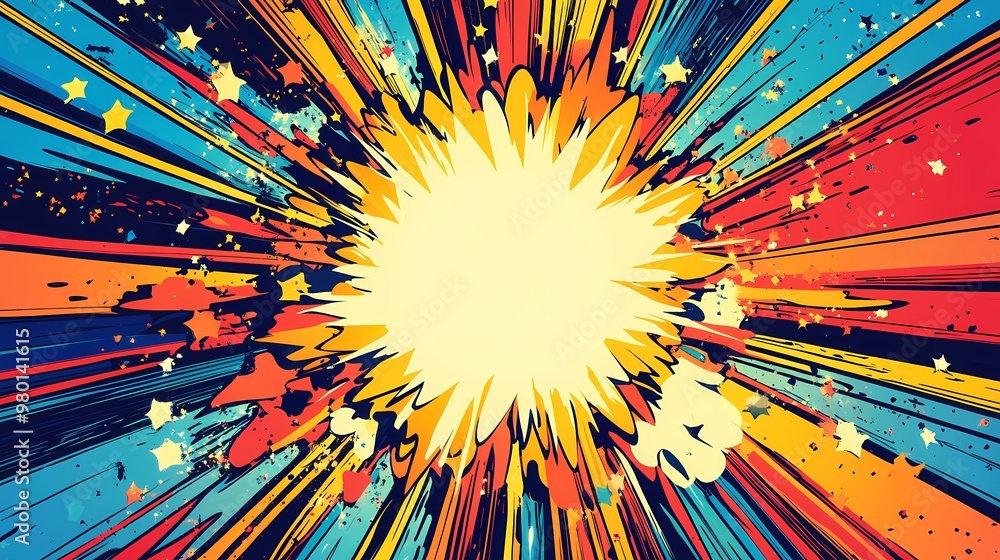 Fototapeta premium Colorful Comic Book Explosion Background with Stars and Lines