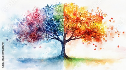 Watercolor Tree Showing Four Seasons in One Illustration