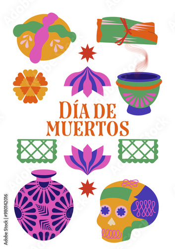 Set de iconos, elementos mexicanos para la festividad del Día de los Muertos en mexico. Estampado para tarjetas, pegatinas, parches y ropa. Calavera, tamal, cempasúchil, pan de muerto, octubre