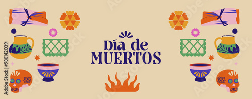 Banner Día de Los Muertos - celebración del Día De los Santos difuntos. Conjunto de objetos tradicionales mexicanos.