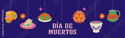 Banner Día de Los Muertos - celebración del Día De los Santos difuntos. Conjunto de objetos tradicionales mexicanos.