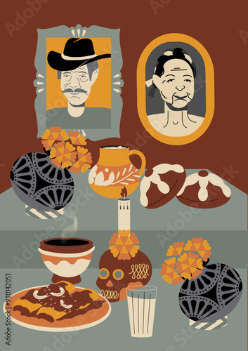 Ilustración de ofrenda altar mexicano en día de muertos. Calaveras, flor cempasúchil, comida enchiladas, incienso, pan de muerto, fotografías, vela, pan de muertos y jarrones Oaxaca. Decoración.