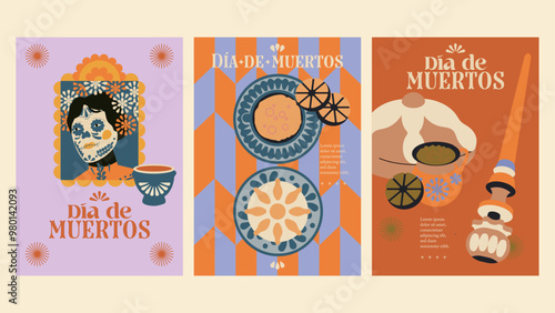 Conjunto de tarjetas postales, póster, invitación día de muertos, día De los Santos Difundos en México. Pan de muerto, chocolate caliente, ofrenda, calavera, catrina, cempasúchil, incienso, copal.
