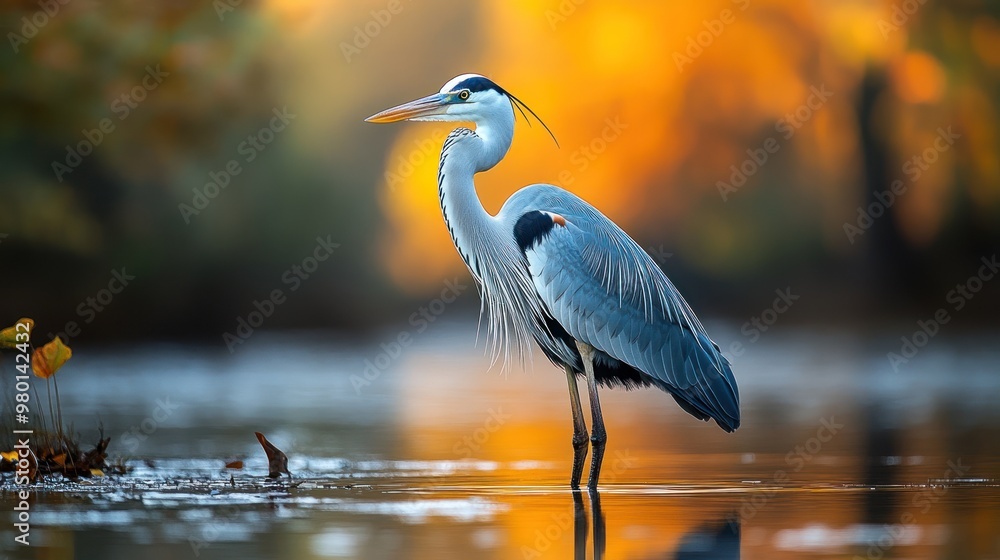 Naklejka premium A heron stands gracefully in calm waters, surrounded by autumn colors.