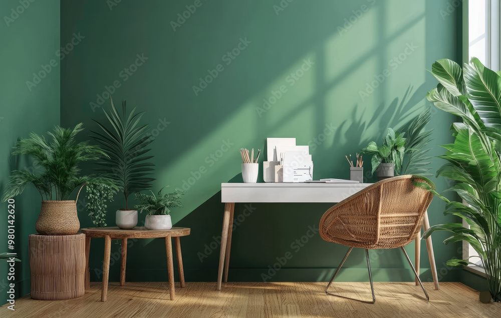 Green wall, white desk with office supplies and chairs in front of it, green plants on the floor, and a small storage cabinet next to them Green wall, white desk with office supplies and chairs in front of it, green plants on the floor, and a small storage cabinet next to them