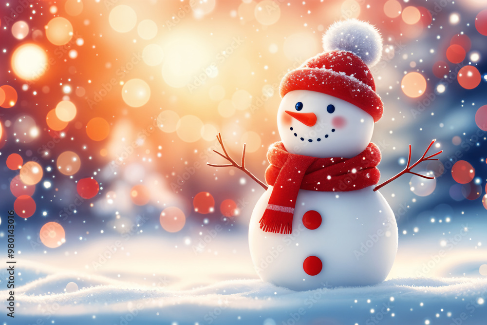 Cheerful snowman with a red hat and scarf, standing on a snowy surface with a blurred background of warm lights and falling snowflakes. Cheerful snowman with a red hat and scarf, standing on a snowy surface with a blurred background of warm lights and falling snowflakes.