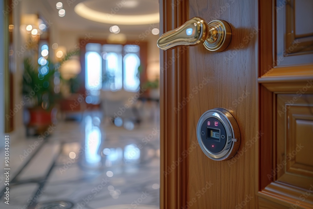Close up of a wooden door featuring an electronic magnetic key card locking mechanism Close up of a wooden door featuring an electronic magnetic key card locking mechanism