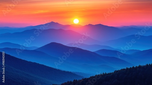 Serene sunset over layered mountains with vibrant colors.