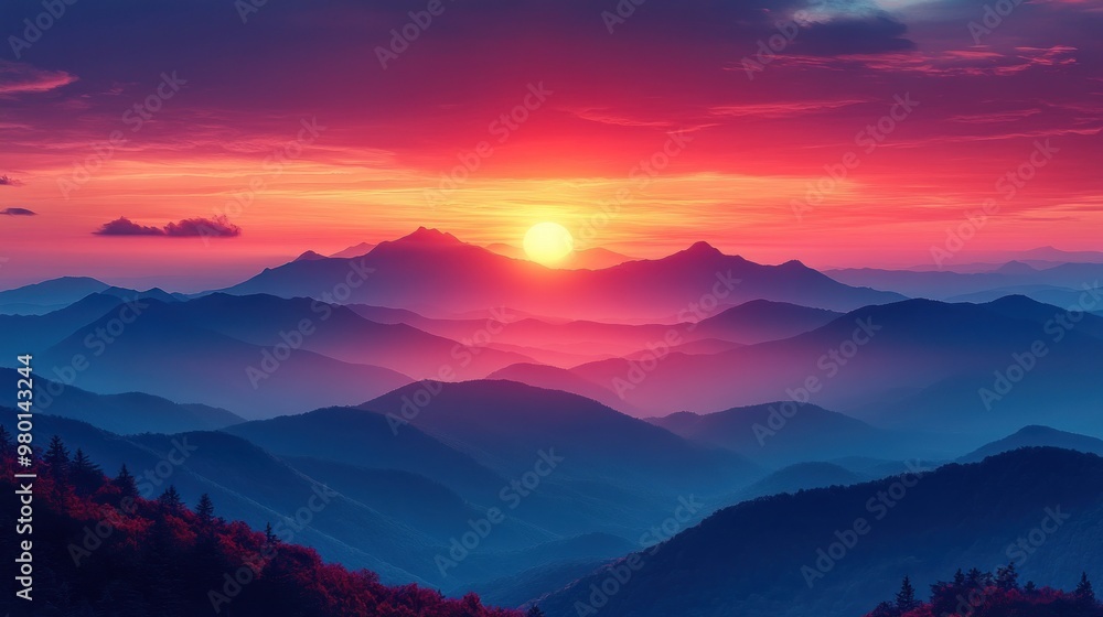 Serene sunset over layered mountains, creating a tranquil atmosphere. Serene sunset over layered mountains, creating a tranquil atmosphere.