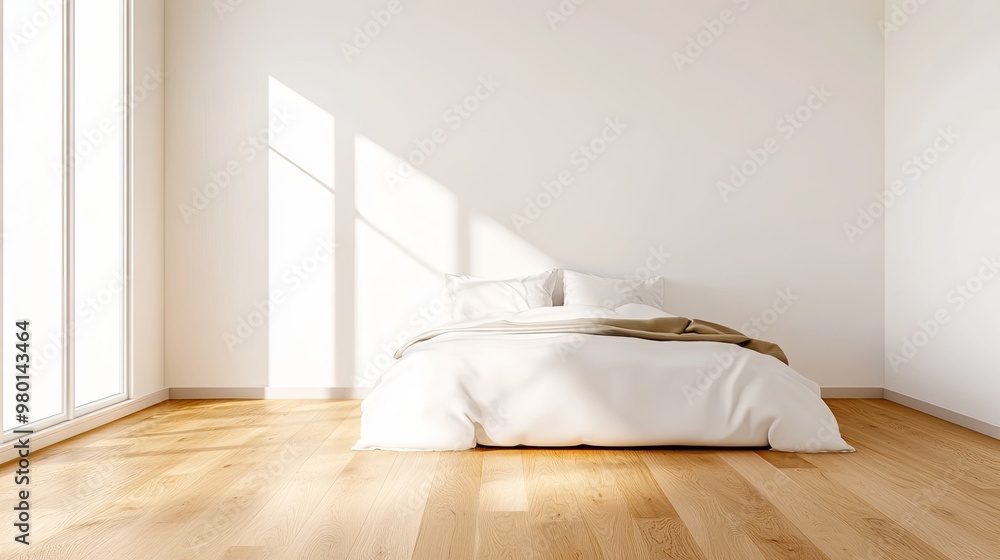 A bright and minimalistic bedroom featuring a cozy bed with soft linens set against a clean, modern interior design. A bright and minimalistic bedroom featuring a cozy bed with soft linens set against a clean, modern interior design.