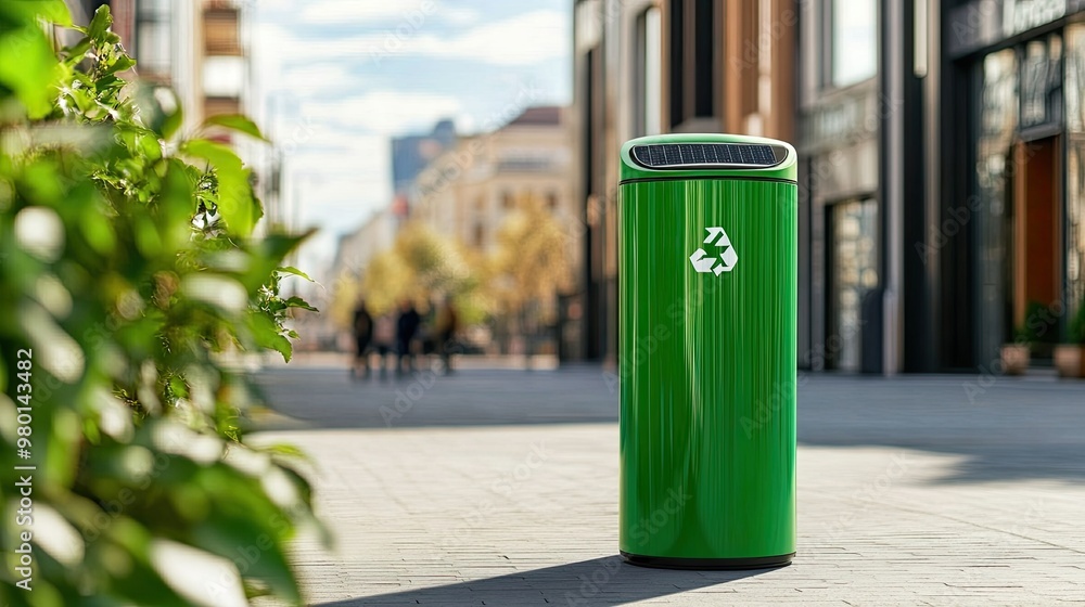 A bright green recycling bin stands on an urban street, promoting sustainability and responsible waste disposal in the community. A bright green recycling bin stands on an urban street, promoting sustainability and responsible waste disposal in the community.