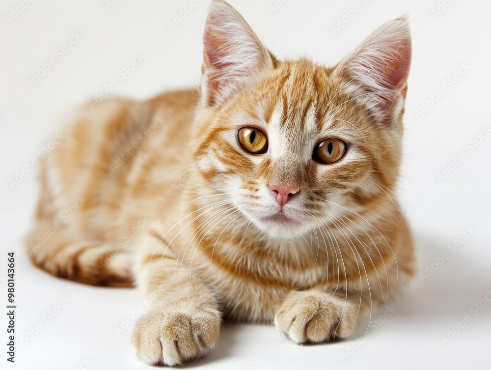 A charming orange tabby cat relaxing on a white surface, showcasing its beautiful fur and expressive eyes. A charming orange tabby cat relaxing on a white surface, showcasing its beautiful fur and expressive eyes.