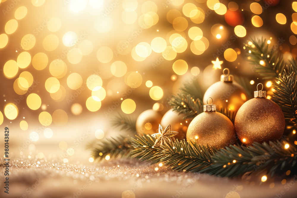 Festive holiday scene with golden Christmas ornaments and sparkling lights on a branch of pine needles, set against a softly blurred background that suggests a warm, glowing atmosphere. Festive holiday scene with golden Christmas ornaments and sparkling lights on a branch of pine needles, set against a softly blurred background that suggests a warm, glowing atmosphere.