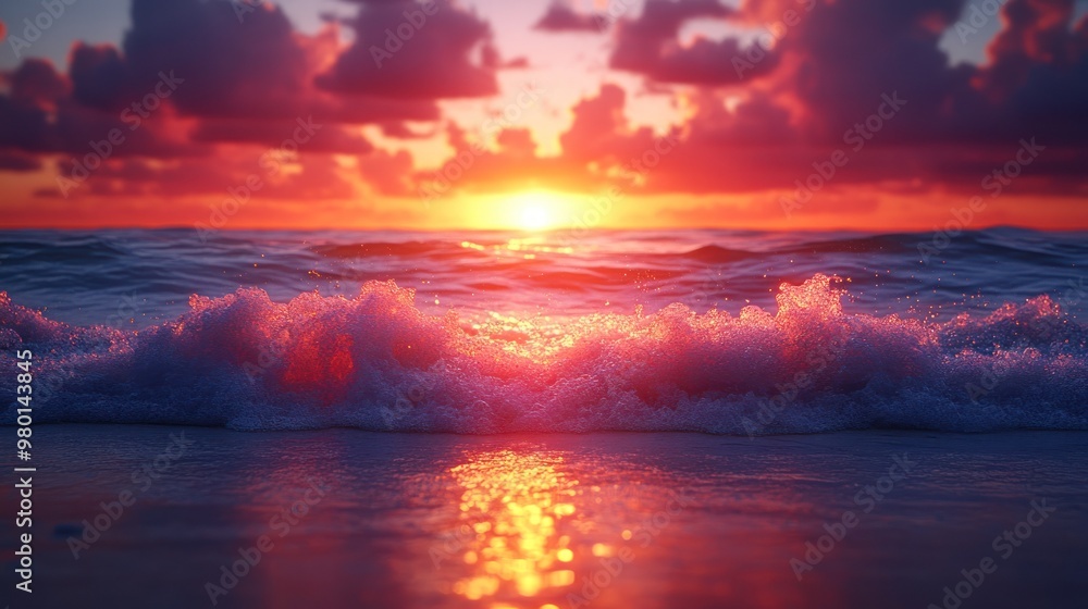 Vibrant sunset over ocean waves with colorful clouds. Vibrant sunset over ocean waves with colorful clouds.