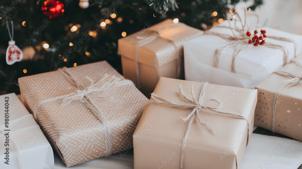 Beautifully wrapped Christmas presents under a festive tree, adorned with traditional holiday wrapping paper, showcasing a cozy and joyful atmosphere during the holiday season Beautifully wrapped Christmas presents under a festive tree, adorned with traditional holiday wrapping paper, showcasing a cozy and joyful atmosphere during the holiday season