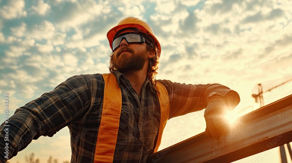 A confident construction worker wearing a helmet and sunglasses, gazing at the sunset on a job site, symbolizing hard work and dedication. A confident construction worker wearing a helmet and sunglasses, gazing at the sunset on a job site, symbolizing hard work and dedication.