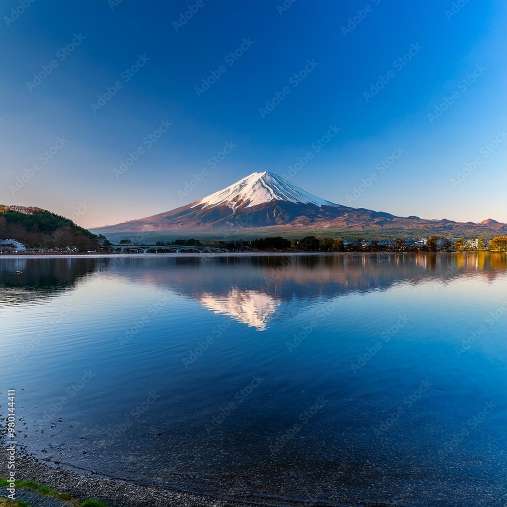 Sacred Mount Fuji Reflected in the Calm Waters of Lake Kawaguchi Sacred Mount Fuji Reflected in the Calm Waters of Lake Kawaguchi