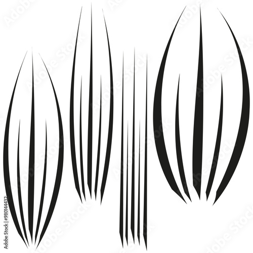 Sharp abstract shapes. Black vertical spikes. Symmetrical curved forms. Vector graphic.