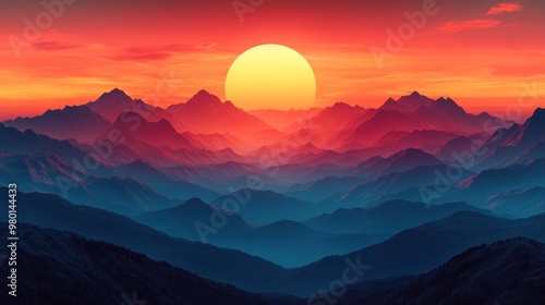 Vibrant sunset over layered mountain ranges, creating a serene landscape.