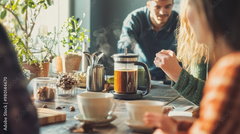 A cozy coffee gathering with friends, featuring a French press, steaming cups, and a warm atmosphere filled with laughter. A cozy coffee gathering with friends, featuring a French press, steaming cups, and a warm atmosphere filled with laughter.