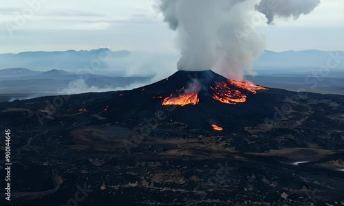 Volcano Erupts with Smoke and Lava Flow photo