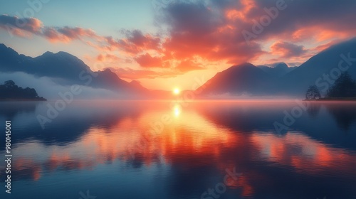 Serene sunset over a tranquil lake with mountain reflections.