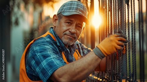 A dedicated worker in a safety vest preparing metal rods during sunset, showcasing commitment and craftsmanship in construction. photo